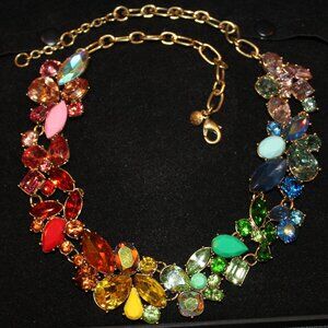 J.Crew Signed Rainbow Multicolor Crystal Statement Necklace Gold Tone